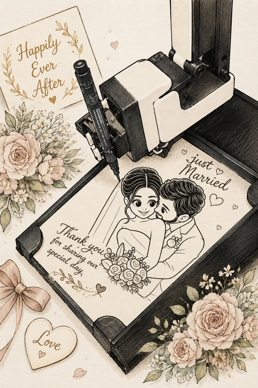 AI SketchBot drawing a wedding keepsake card