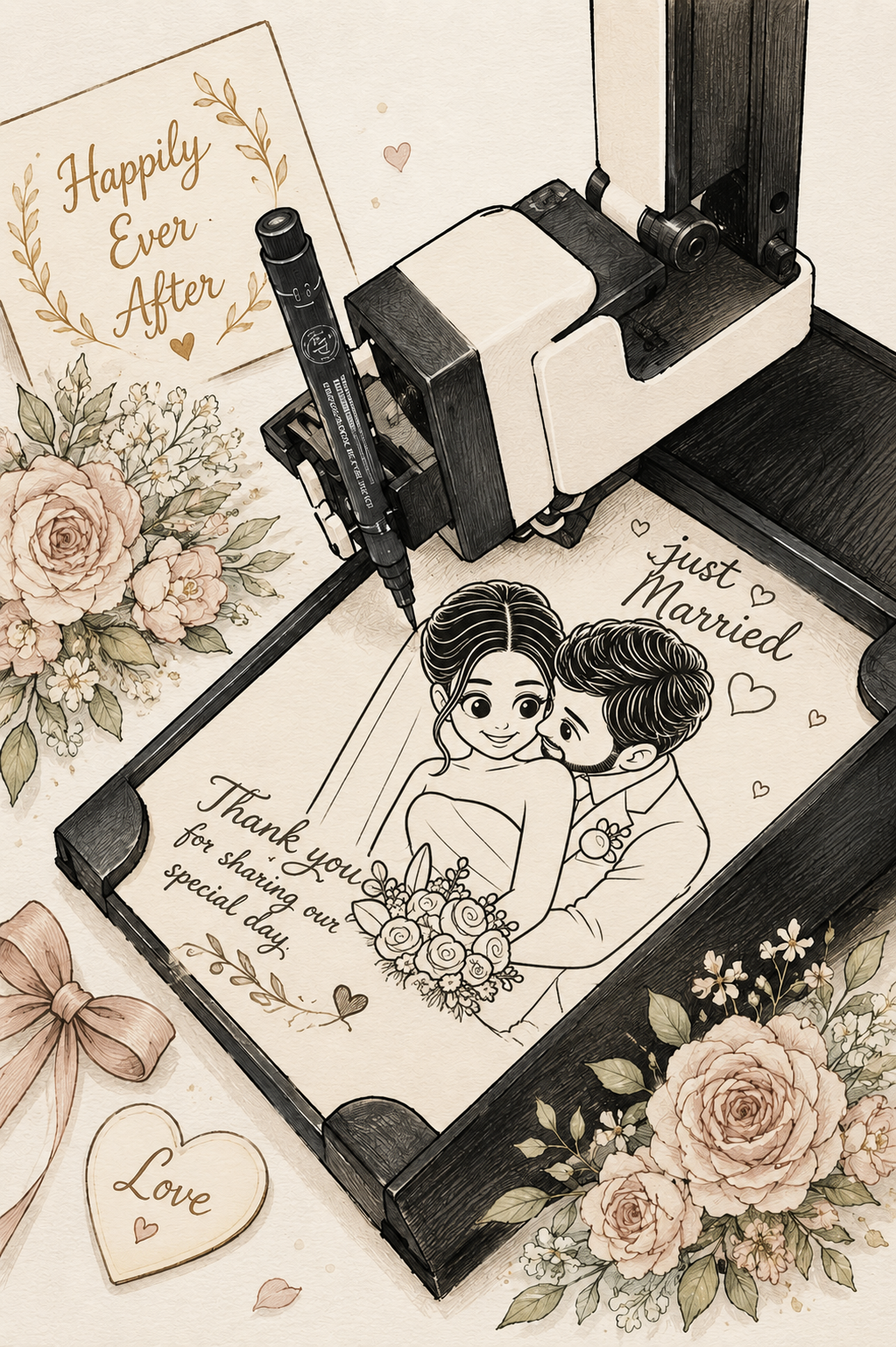 AI Sketchbot drawing a wedding keepsake card